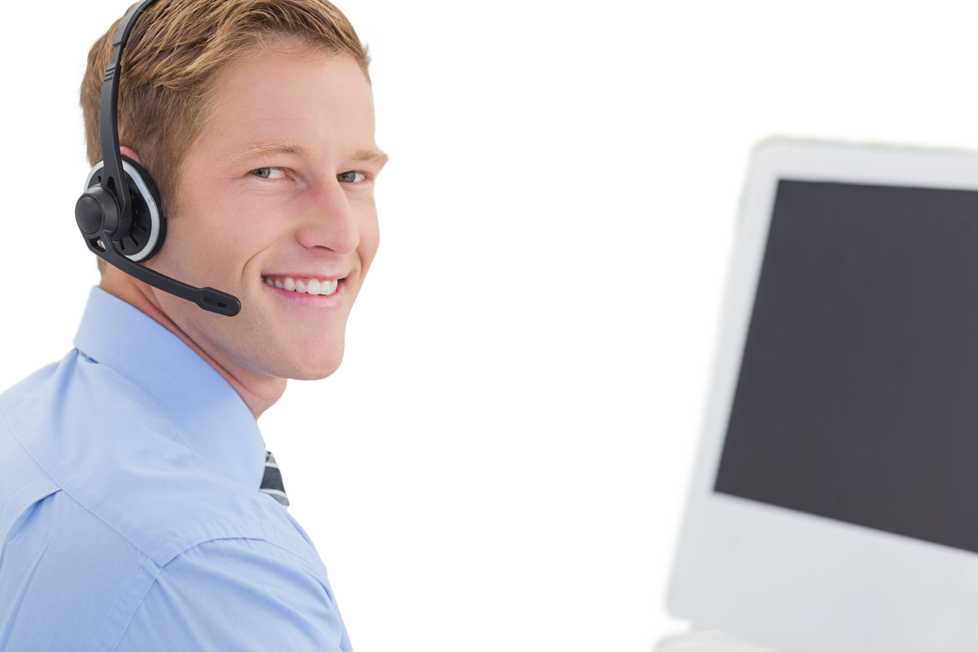 Transparent smiling agent with headset and computer screen - Download Free Stock Images Pikwizard.com