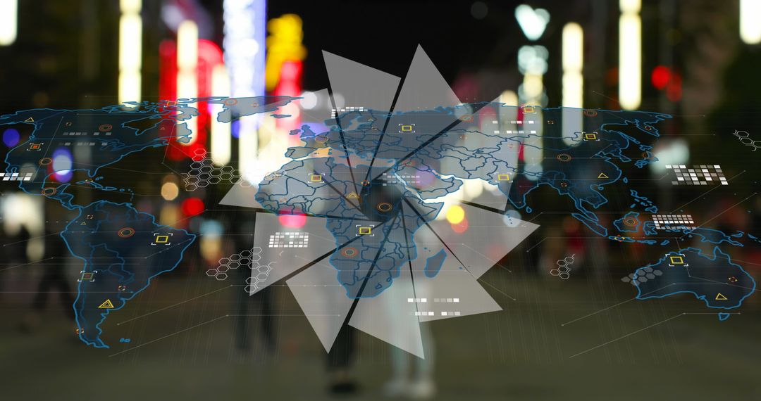 Futuristic Holographic World Map in Neon Cityscape at Night