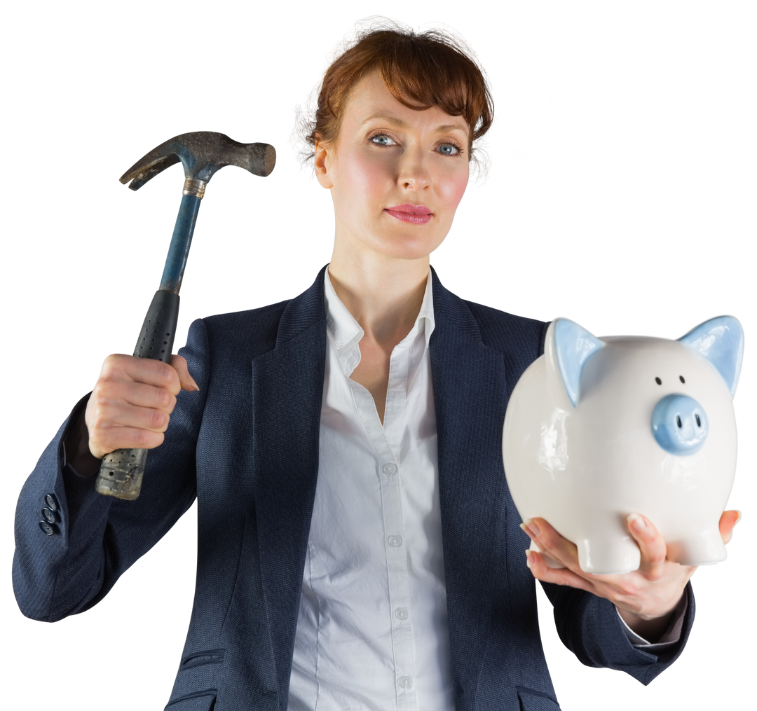 Businesswoman Holding Hammer and Piggy Bank Transparent Background - Download Free Stock Images Pikwizard.com