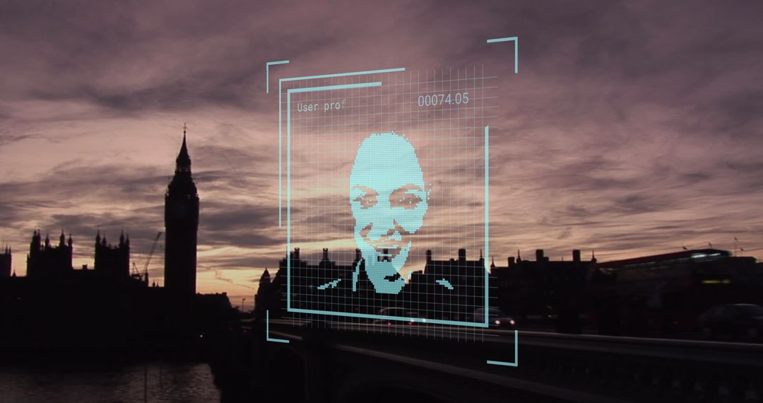 Biometric Face Data Processing Over London Skyline at Dusk - Free Images, Stock Photos and Pictures on Pikwizard.com