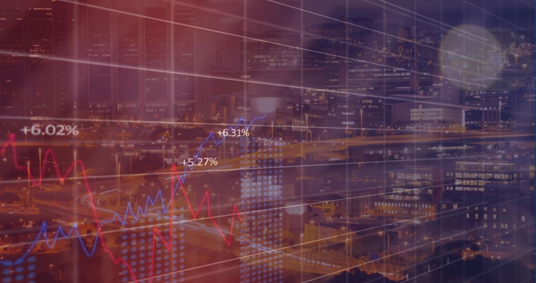 Global Financial Data Overlaid on Cityscape Background