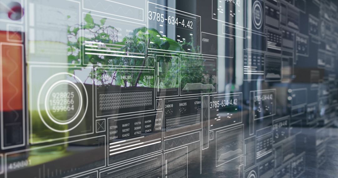 Futuristic Data Interface Overlaying Indoor Plants