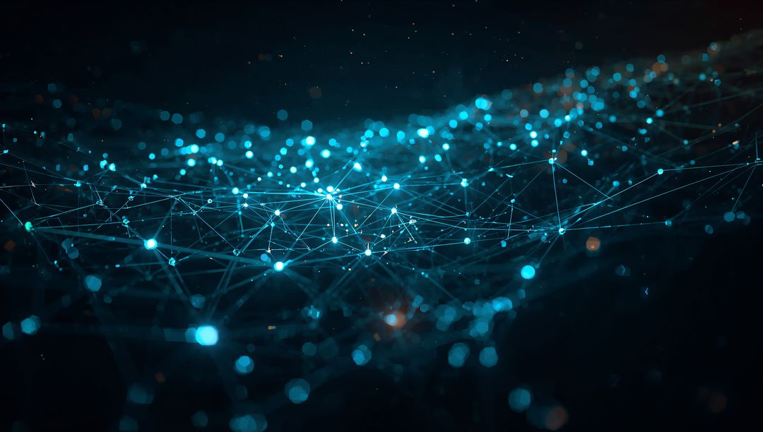 Glowing Neon Digital Network Landscape in Dark Virtual Space