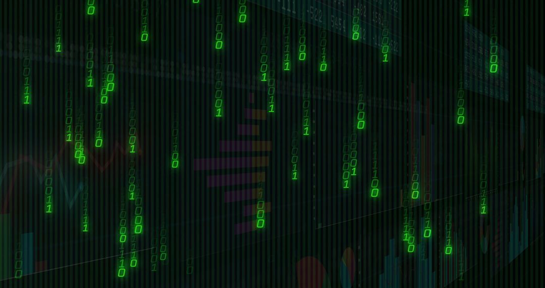 Binary Streams Overlaying Digital Dashboard Analytics Interface