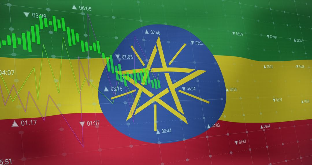 Financial Data Overlay on Ethiopian Flag Representing Market Trends