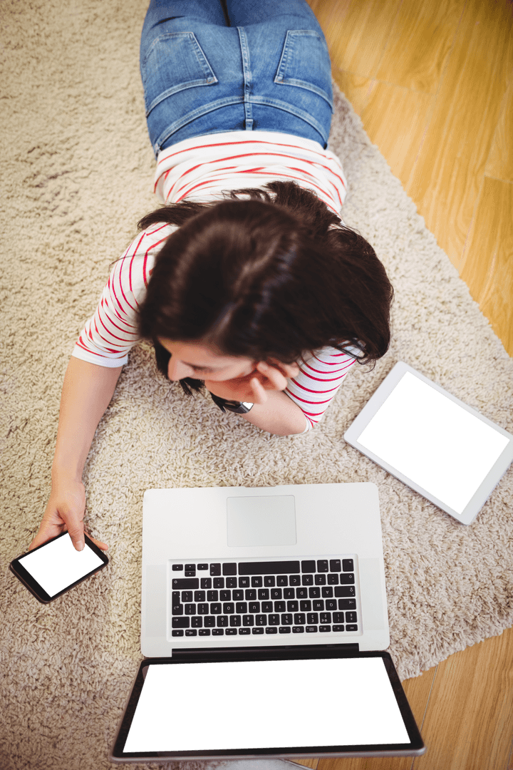 Transparent View Woman Relaxing with Technology on Soft Carpet