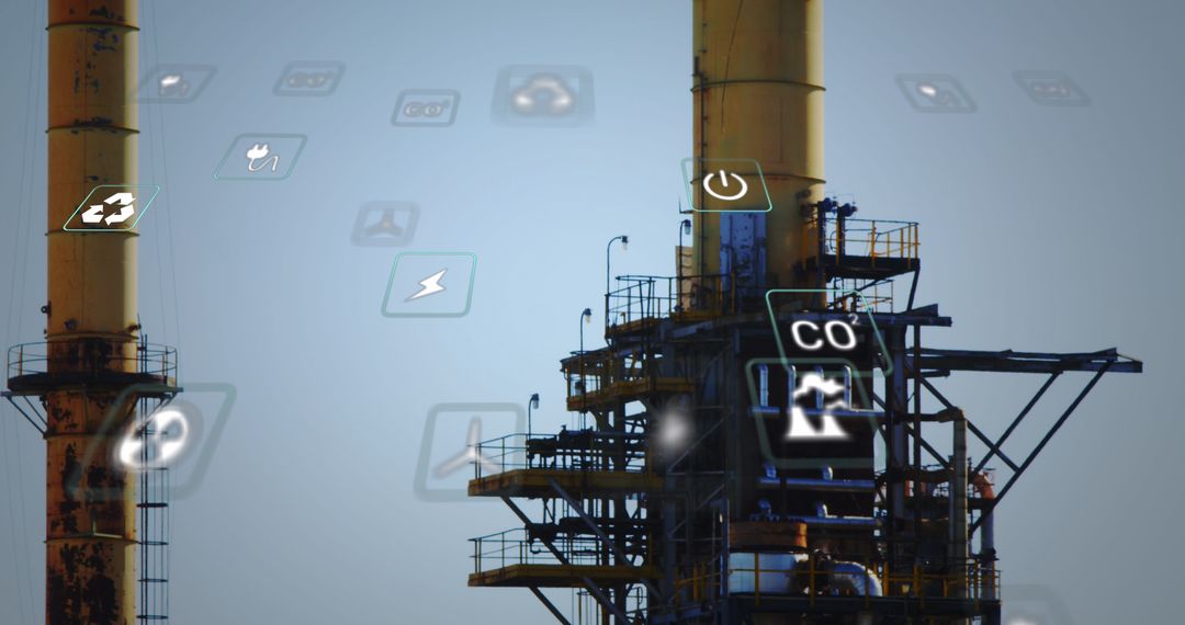 Ecology Icons Digital Overlay on Factory Exhausts