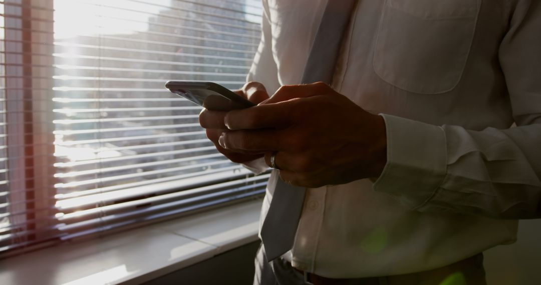 Business Professional Using Mobile Phone by Window Light