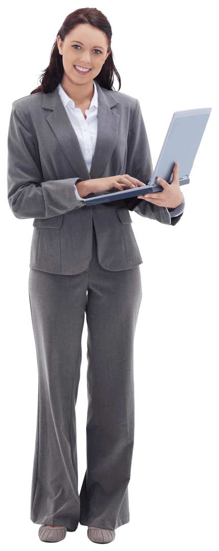 Transparent Businesswoman in Suit Smiling with Laptop
