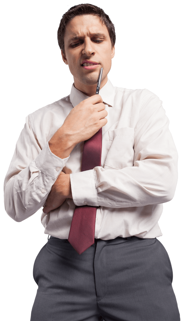 Transparent Confused Businessman with Red Tie Holding Pen to Chin