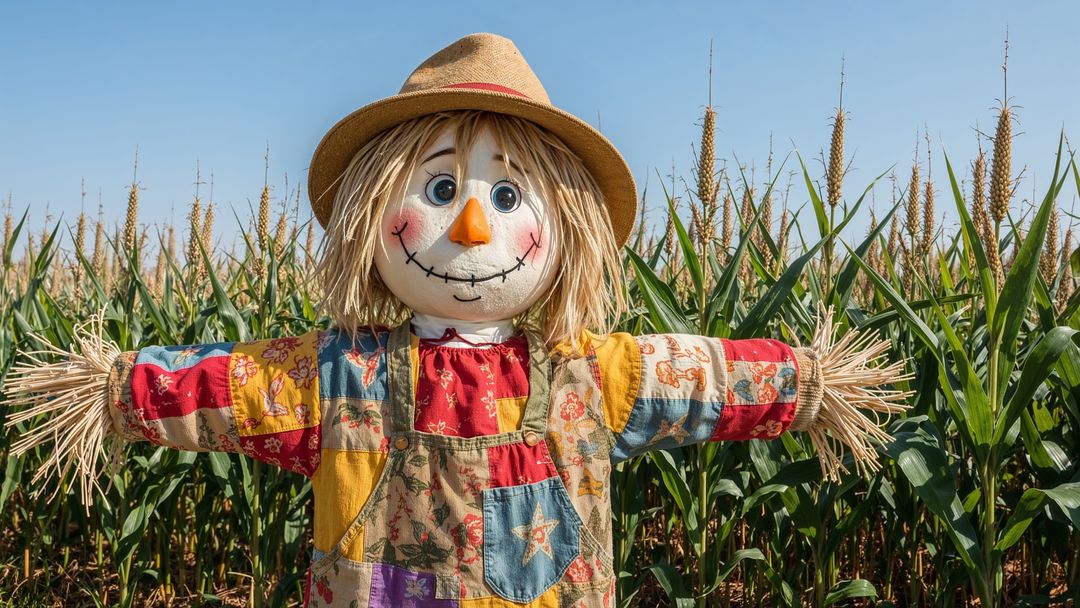 Scarecrow with Patchwork Outfit in Lush Cornfield