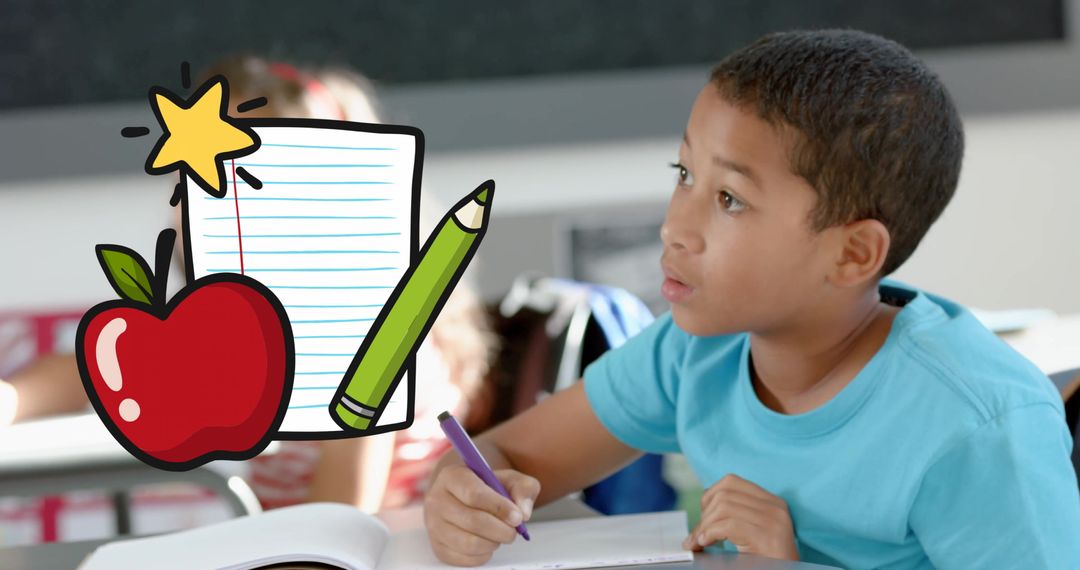 Boy Studying in Classroom with Notebook and Illustration Overlay