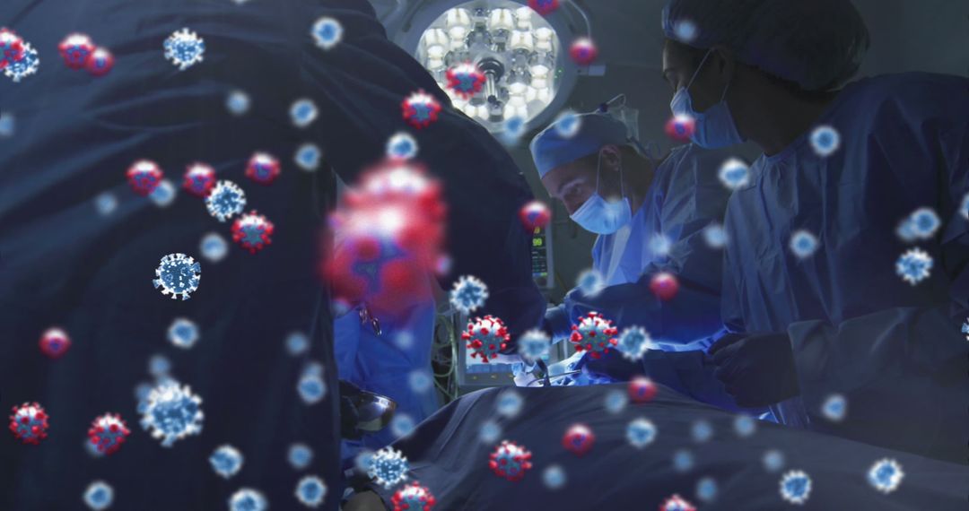 Surgical Team with Overlay of Virus Icons in Operating Room