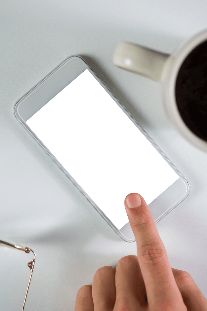Hand Using Smartphone Above Coffee Mug Transparent Design