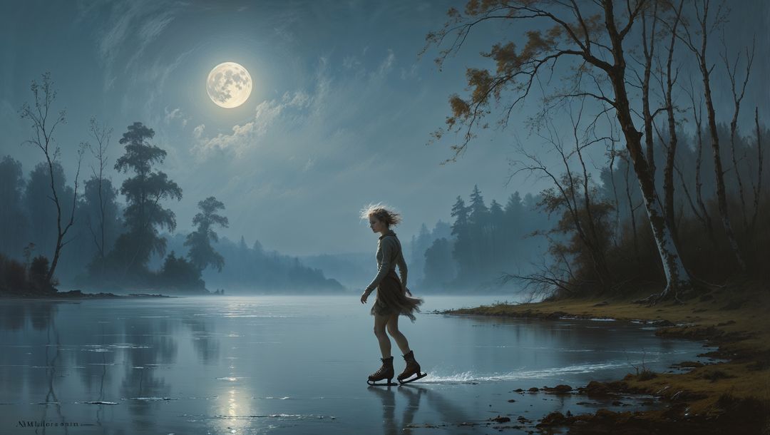 Solitary skater under moonlit night on frozen ice skating lake