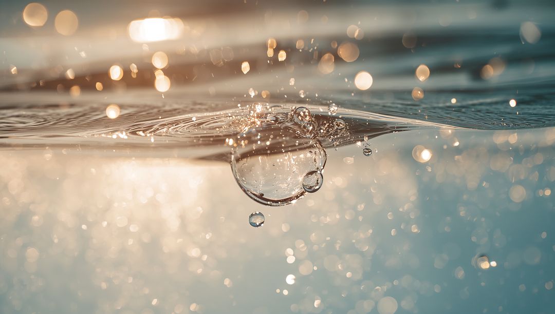 Sunlit rising water bubble with shimmering rim and bokeh underwater macro
