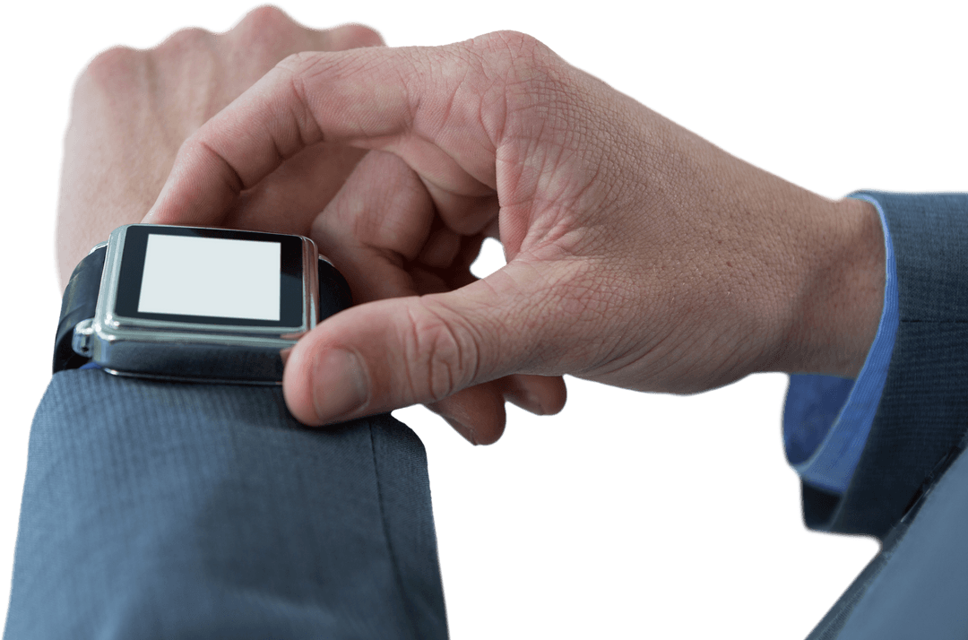 Businessman Interacting with Smart Watch Screen and Transparent Background