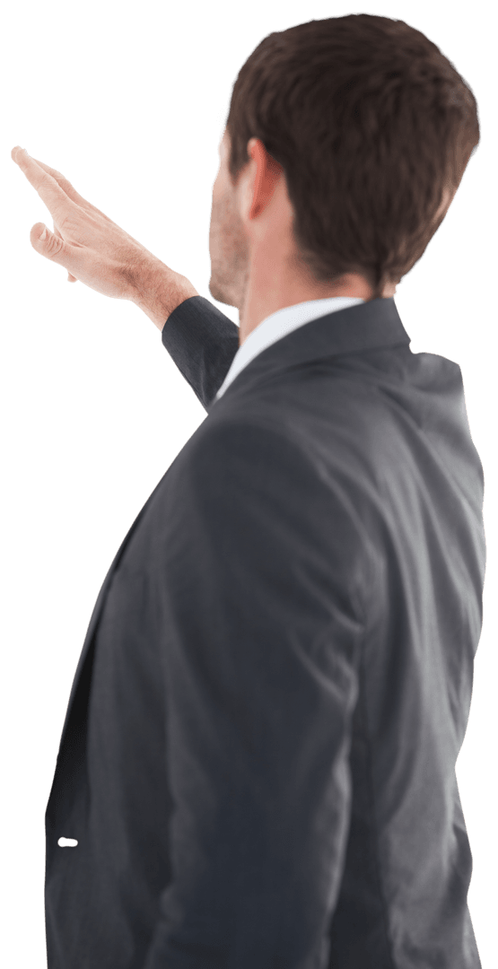 Transparent Businessman Pointing Upward in Focused Gesture
