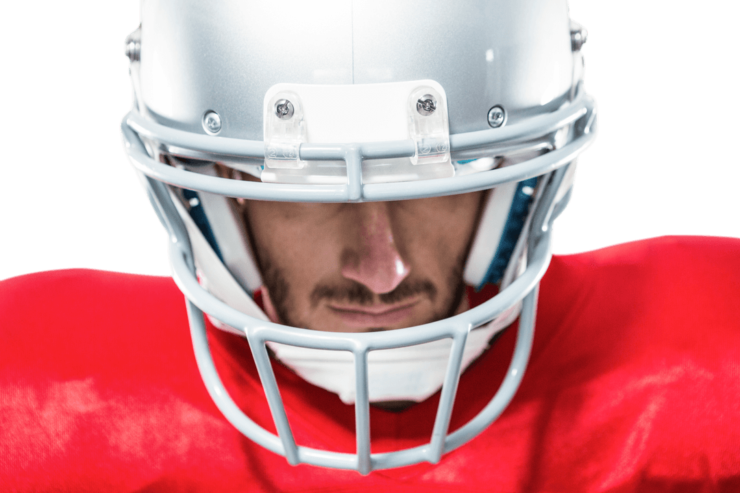 American Football Player in Red Jersey with Transparent Helmet Visor