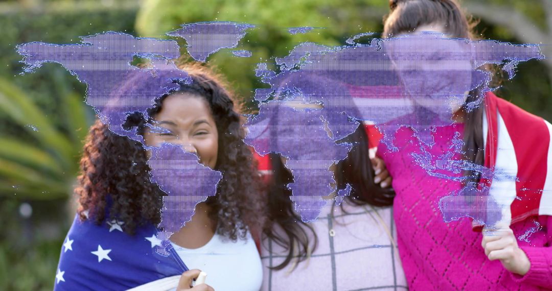Smiling friends wrapped in flags celebrating global unity with purple world map overlay