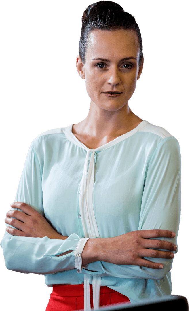 Confident Businesswoman with Arms Crossed, Transparent Office Setting
