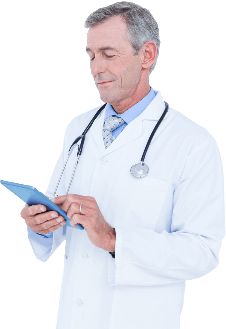 Confident Mature Doctor Using Transparent Tablet Computer for Health Management
