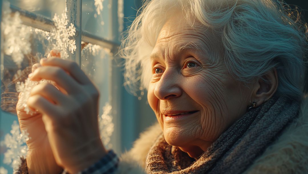 Senior Woman Touching Frosted Window with Warm Smile