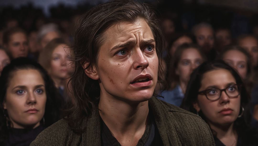 Woman furrowing brow watching tense performance in dim theater crowd, anxious spectators