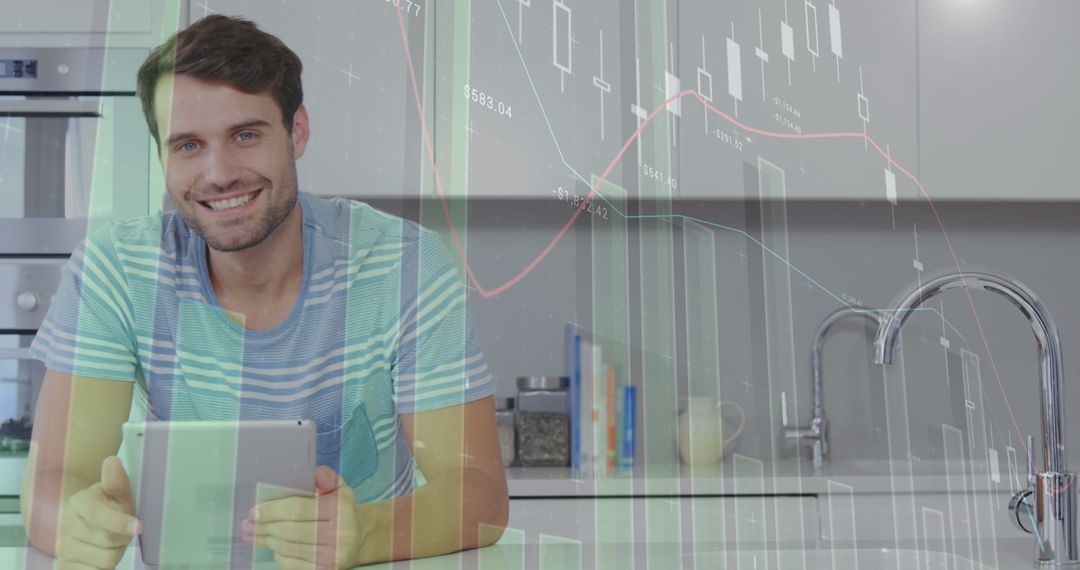 Man Using Tablet with Digital Financial Data Overlay
