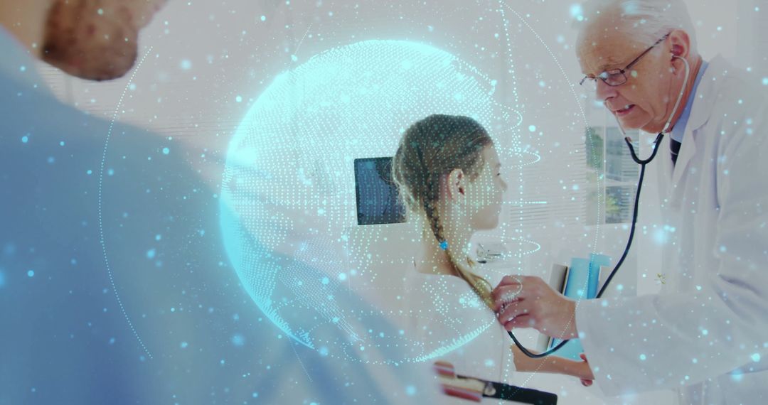 Doctor Engaged in Futuristic Medical Examination with Digital Globe Interface