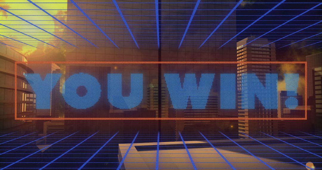 You Win Screen with Virtual Cityscape and Neon Grid