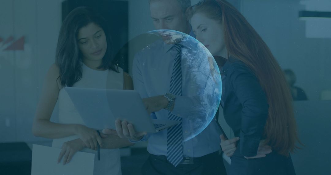 Professional Team Analyzing Data with Global Perspective Overlay