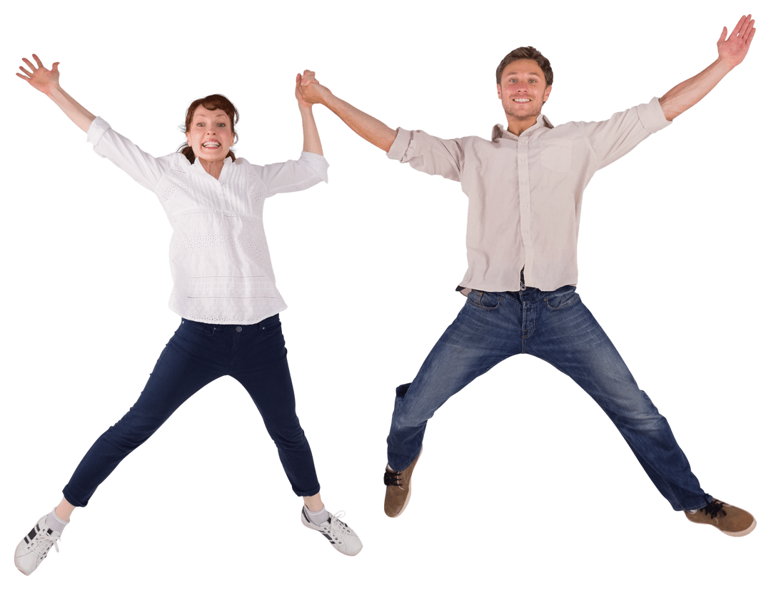 Energetic Couple Jumping Hands Raised Transparent Background