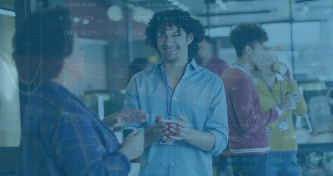 Diverse Team in Office with Financial Data Overlay