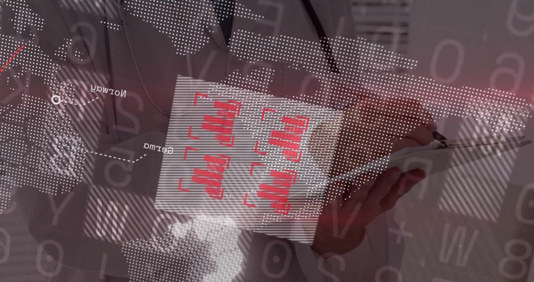 Business Analyst Using Tablet with Digital World Map Overlay