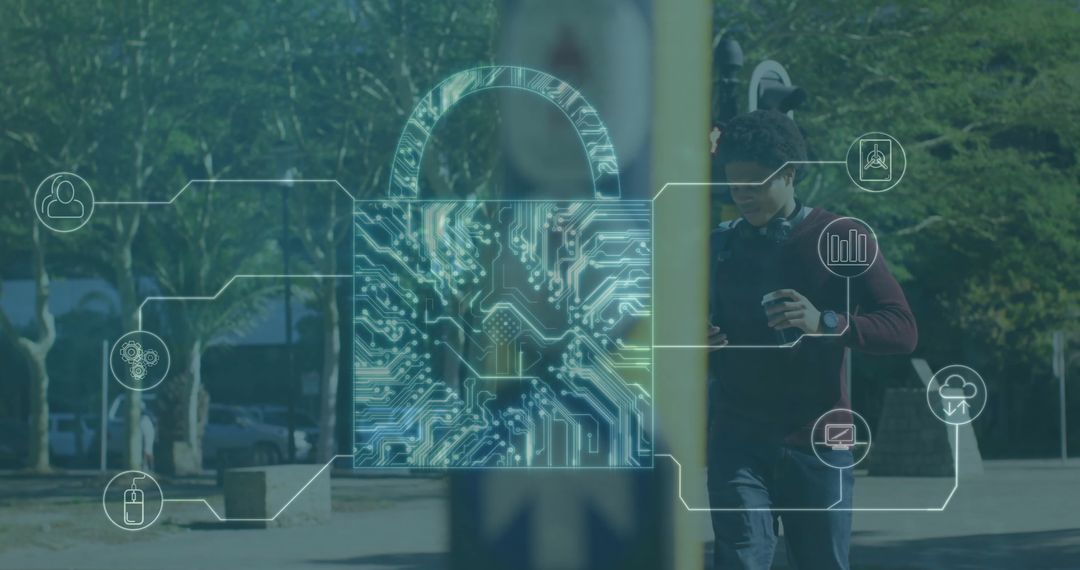 Digital Security: Man Walking with Padlock and Global Icons