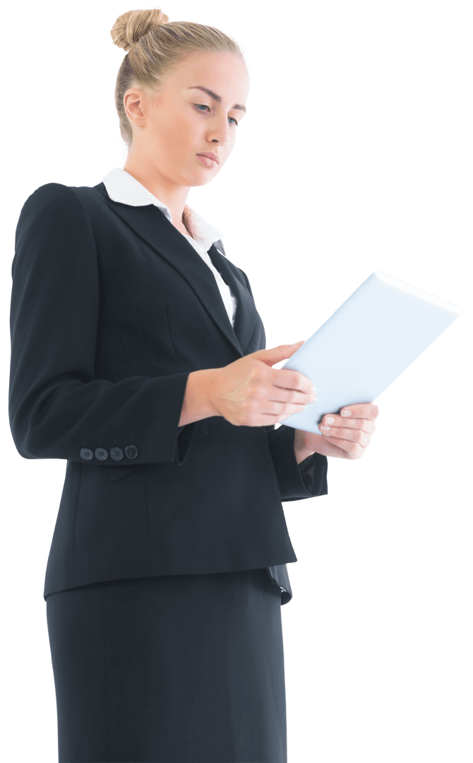 Transparent Businesswoman in Black Suit Using Tablet
