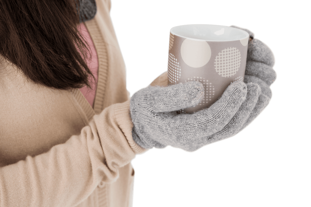 Woman Holding Mug with Polka Dot Design Transparent Background