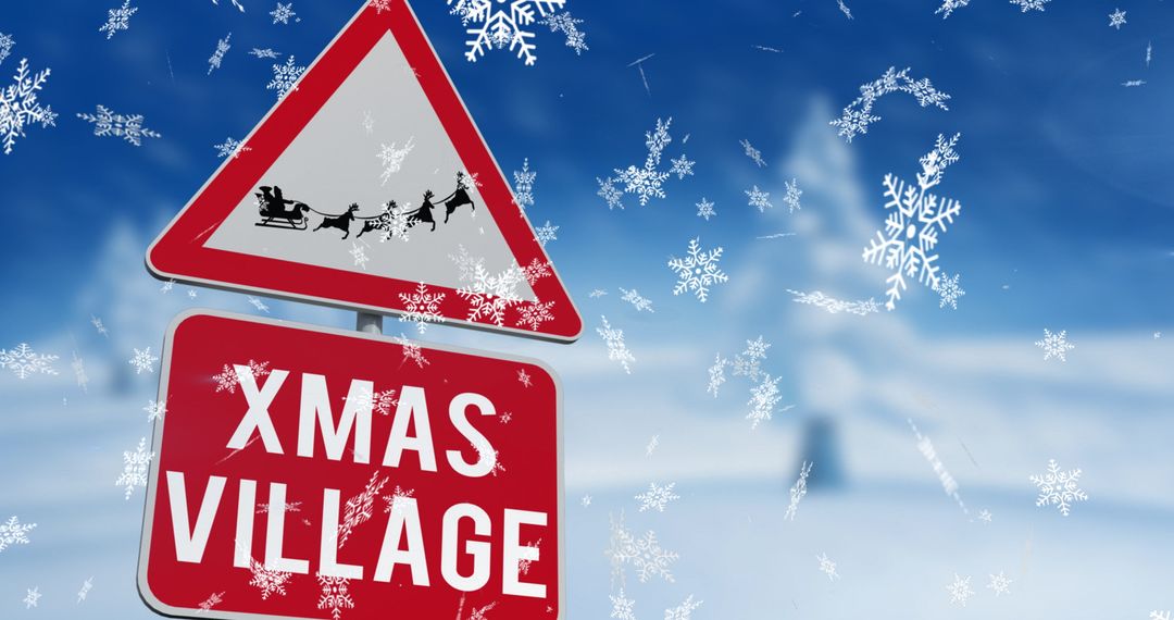 Christmas Village Sign with Santa and Reindeer in Snowy Wonderland