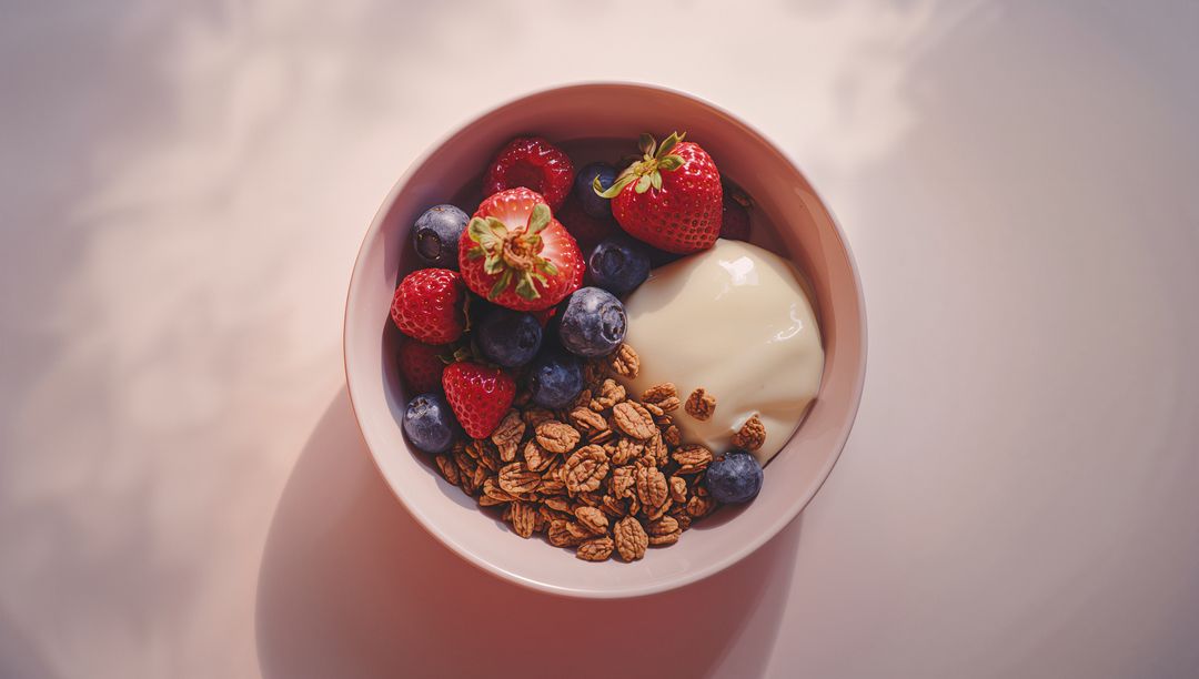 Ceramic Bowl with Granola Berries and Yogurt on Pink Tabletop