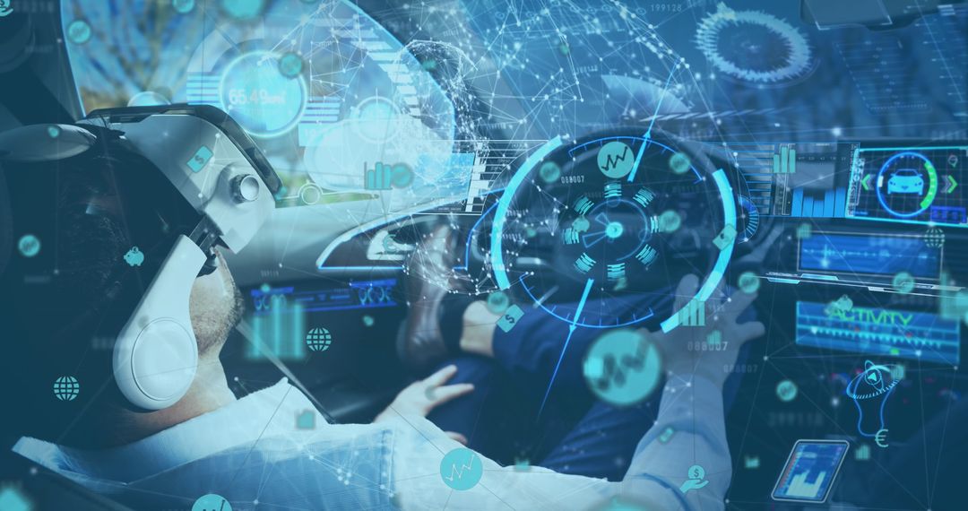 Futuristic VR Experience in Automated Vehicle with Digital Interface Overlay