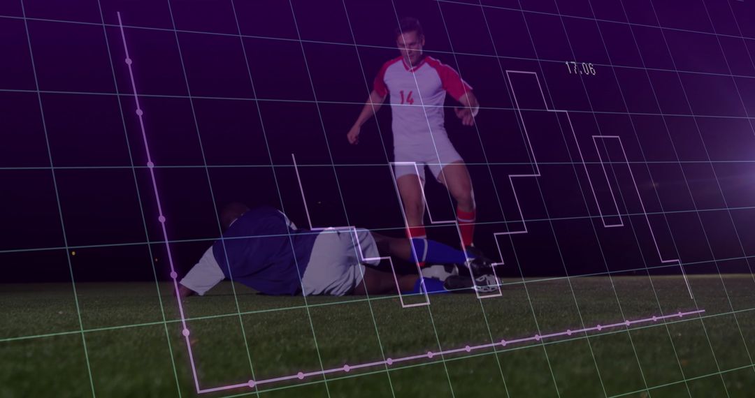Tackling on Night Soccer Turf with Futuristic Grid Overlay, Player 14 in Red White Kit