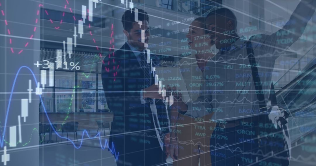 Global Business Team Analyzing Financial Data with Graph Overlay