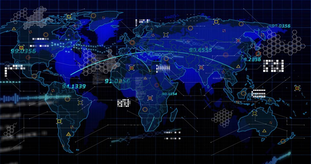 Digital World Map with Artful Data Overlay and Analytics Elements