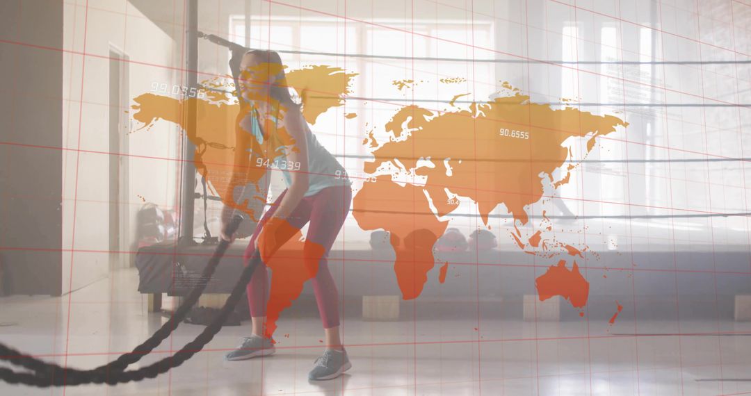 Athletic Woman Exercising with Battle Ropes and World Map Overlay