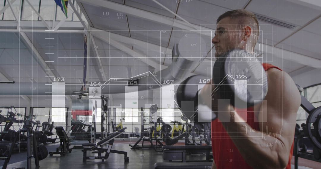Muscular Man Lifting Dumbbell with Fitness Data Overlay in Gym