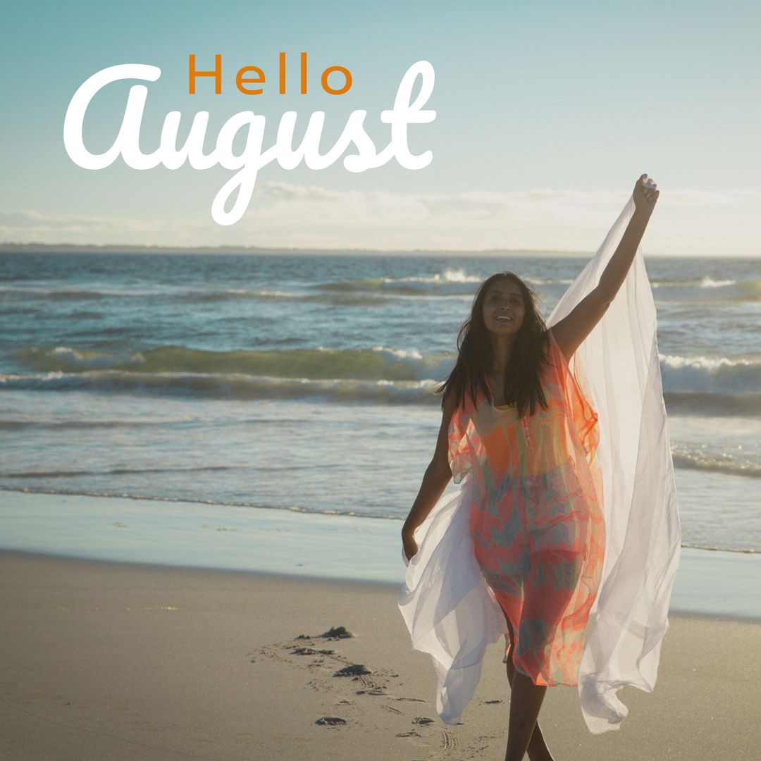 Joyful Woman Celebrating August on Sunny Beach