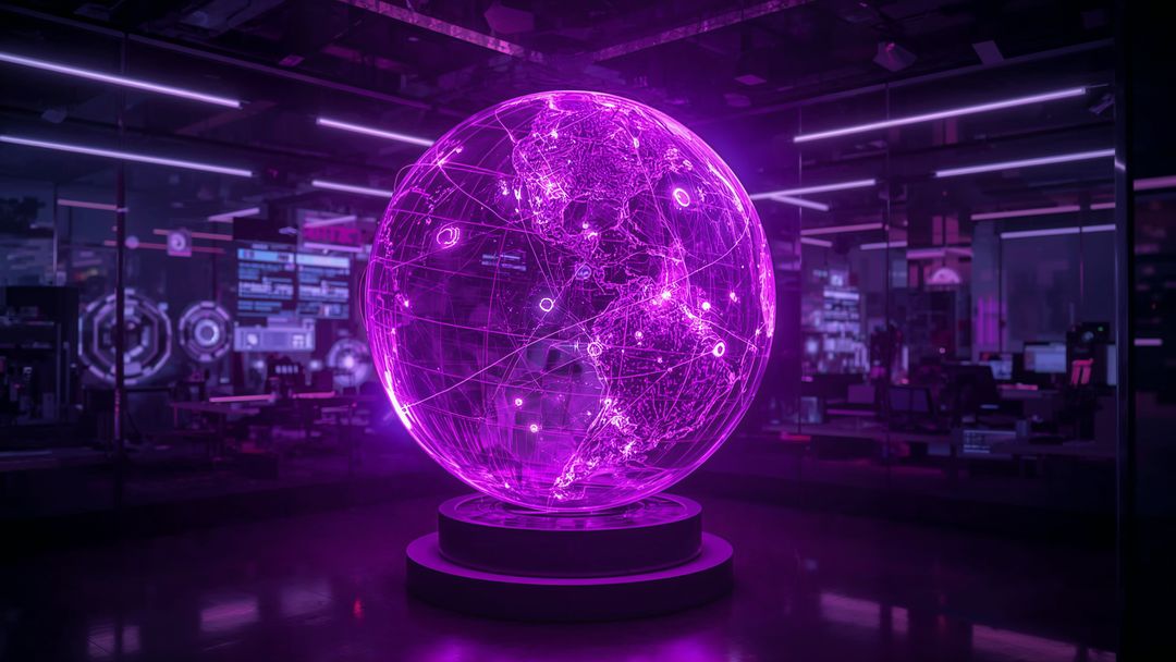 Futuristic Holographic Globe Display in Illuminated Command Center