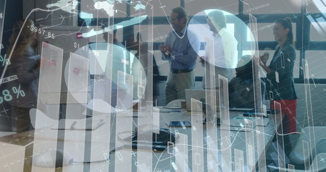 Business Team Analyzing Financial Data with Overlay Graphics