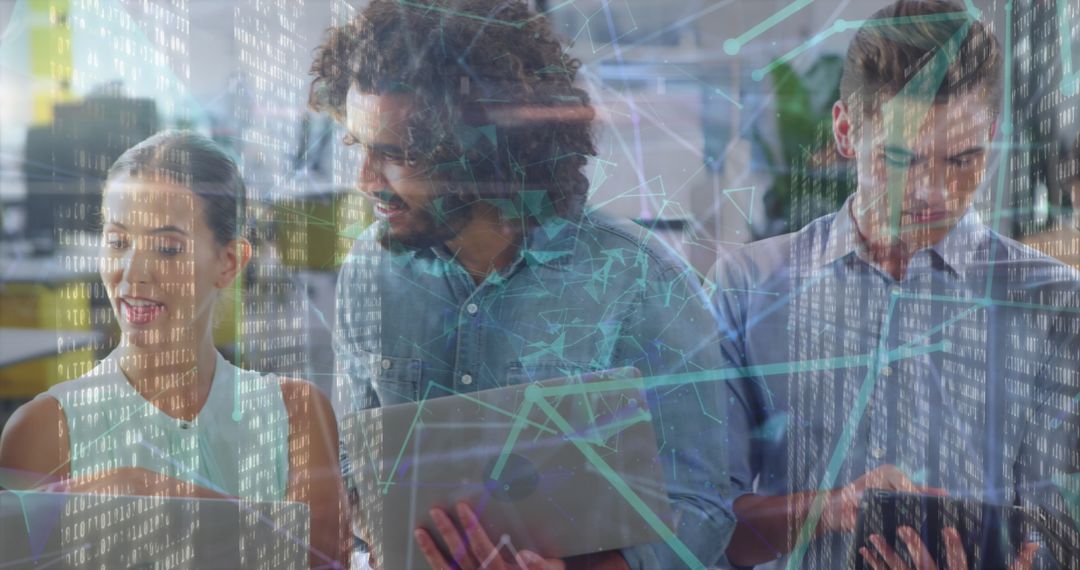 Business Team Analyzing Digital Network Data in Modern Office